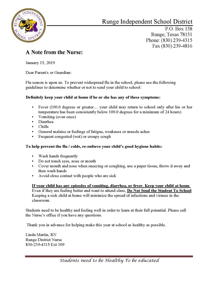Runge ISD A Note from the Nurse Letter To Parents & Guardians